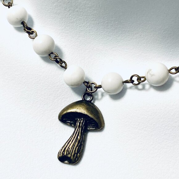 Natural White Magnesite Choker, Cute Bronze Slim Mushroom + Genuine Gemstone - Picture 1 of 14